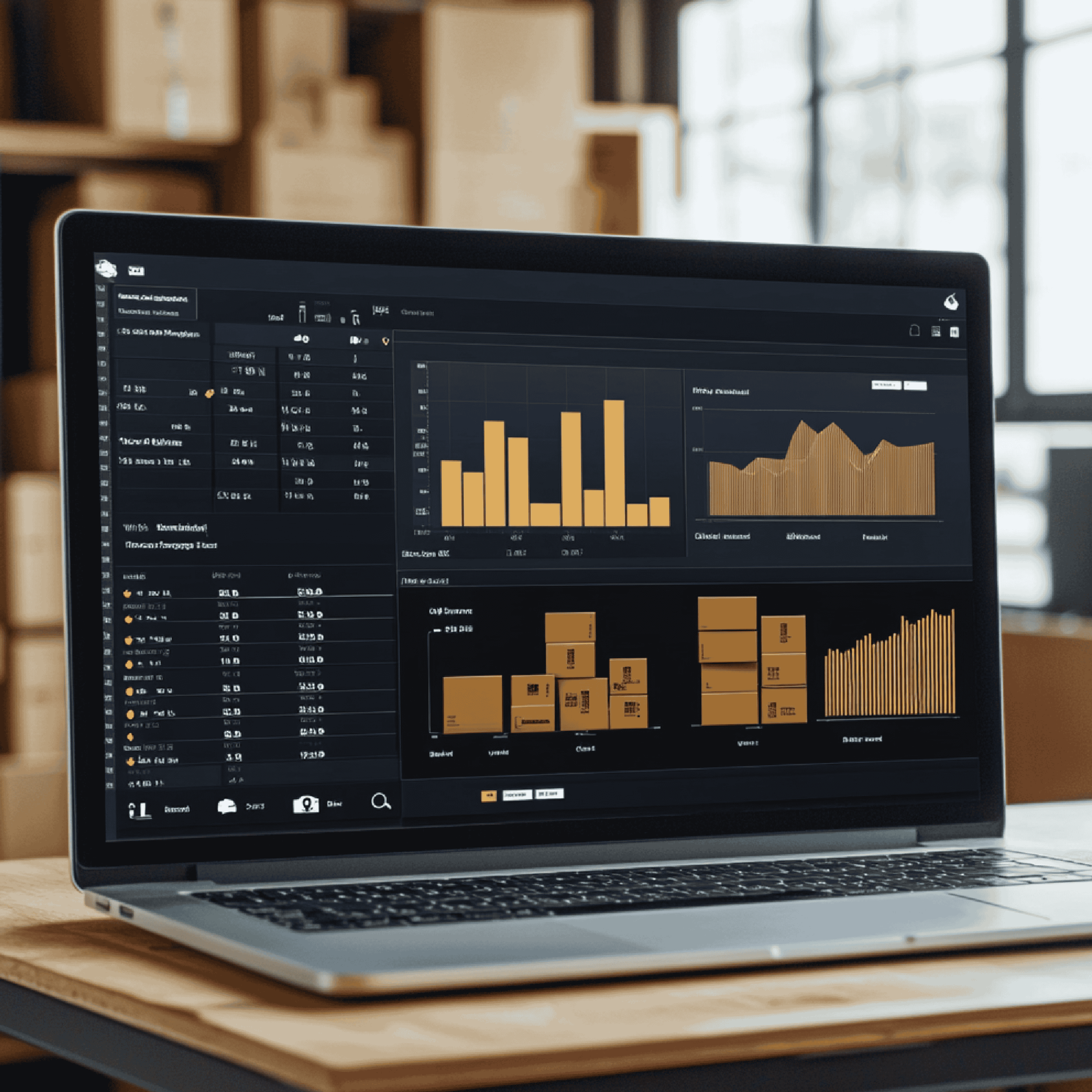 Laptop computer on a wooden desk displays a comprehensive business analytics dashboard featuring multiple data visualizations including bar charts, line graphs, and shipping container icons in orange and yellow tones, set against a warehouse backdrop with stacked cardboard boxes visible through large windows.